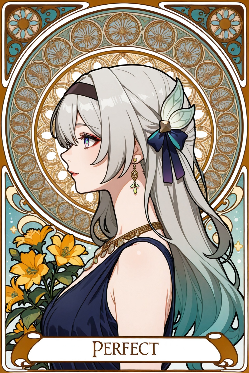 <lora:夏穆风·滤镜·ILL:0.8>,Firefly \(honkai: star rail\),art nouveau,long hair,1girl,profile,jewelry,flowers,hair ornament,necklace,solo,from side,depth of field,masterpiece,best quality,very aesthetic,alternate costume,alternate costume,2024,2023,perfect composition,ultra-detailed,extreme aesthetic,masterpiece,best quality,good quality,newest,year 2024,year 2023,very aesthetic,absurdres,looking_at_viewer,colorful,makeup,