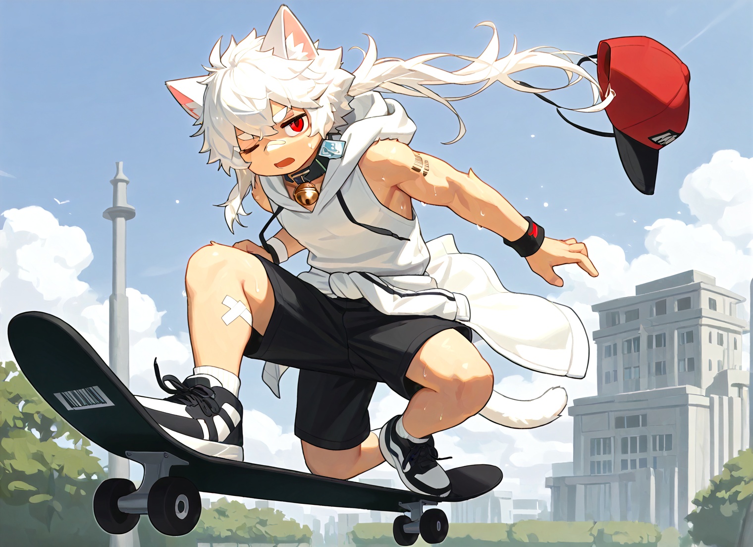 (artist:beitemian:0.67),(artist:rinotuna:0.93),masterpiece,best quality,very aesthetic,high resolution,ultra-detailed,absurdres,newest,scenery,1boy,male,solo,tsuguxl,red eyes,wristband,(((sleeveless hoodie,hood up),baseball cap,clothes_around_waist,shorts),bodysuit,red cap),white_hoodie,((one eye half-closed)),concentrating,open mouth,skateboarding,muscles,big pecs,pectorals,vein,sweat,sweatdrop,outside,park,cloudy sky BREAK depth of field,masterpiece,best quality,scenery,volumetric lighting,body fur,furry,emotionless eyes,white fur,cat boy,white hair,Right mid length drooping frontal hair,(Asymmetric hair on the temples:1.2),Expose left shoulder,wristband,thick eyebrows,barcode tattoo,bell on collar,Collar,Cortical collar,Large collar,white hair,bandage on nose,bandage on leg,
