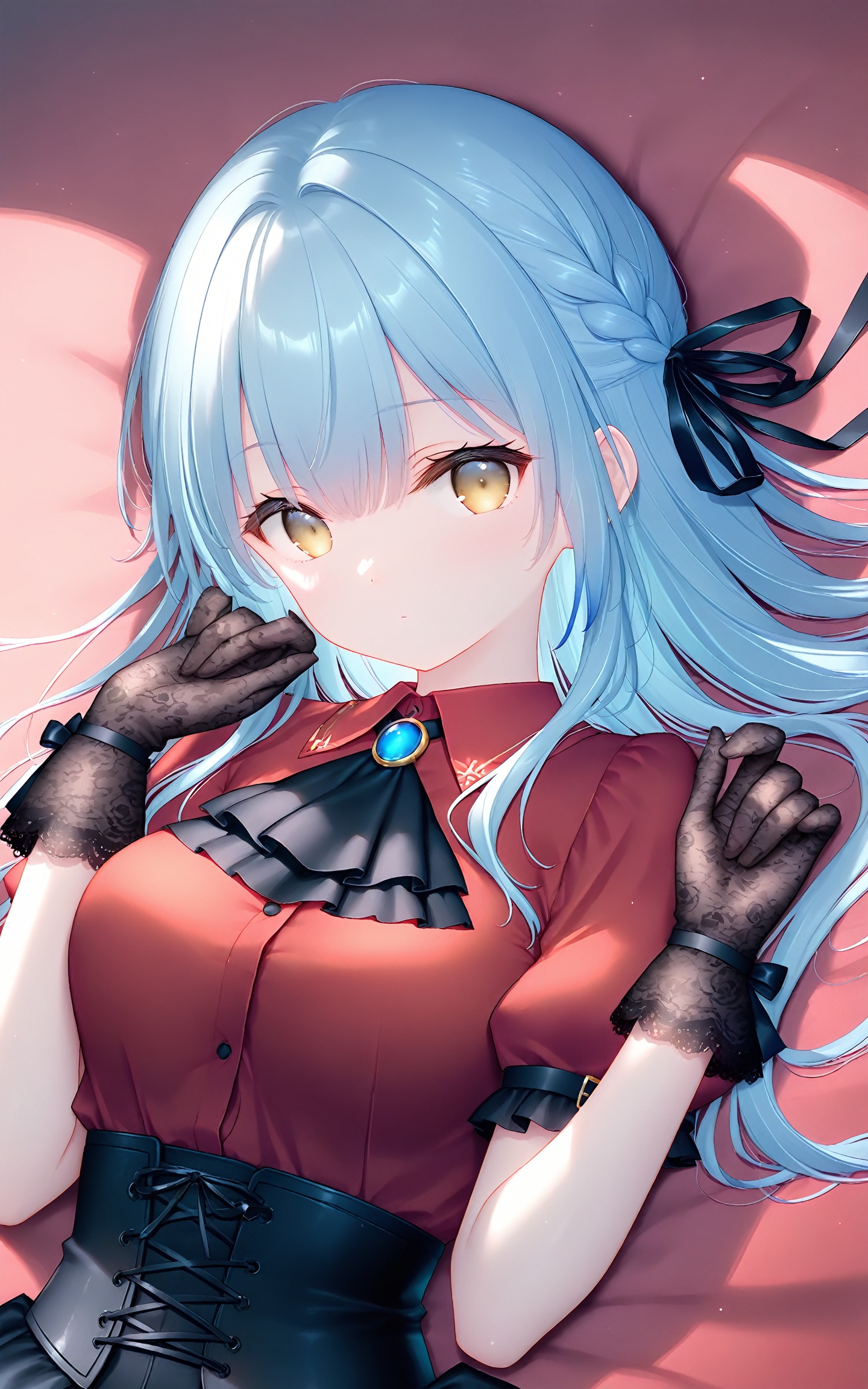 masterpiece,very aware,highres,absurdres,newest,best quality,high quality,chromatic_aberration,cinematic_angle,dutch angle,//,1girl,gloves,braid,togawasakiko,long hair,blue hair,solo,yellow eyes,black corset,corset,breasts,looking at viewer,red shirt,black gloves,short sleeves,shirt,ascot,black ascot,hair ribbon,ribbon,large breasts,puffy sleeves,puffy short sleeves,lying,upper body,black ribbon,on back,closed mouth,hands up,lace gloves,collared shirt,skirt,photorealistic,Artist:na-ga,(quasarcake:0.2),(wanke:0.9),[Artist:chen bin],Artist:tidsean,[Artist:sk (askzy)],(artist:tokkyu:0.5),(artist:momoko \(momopoco\):0.5),himitsu_(hi_mi_tsu_2),//,