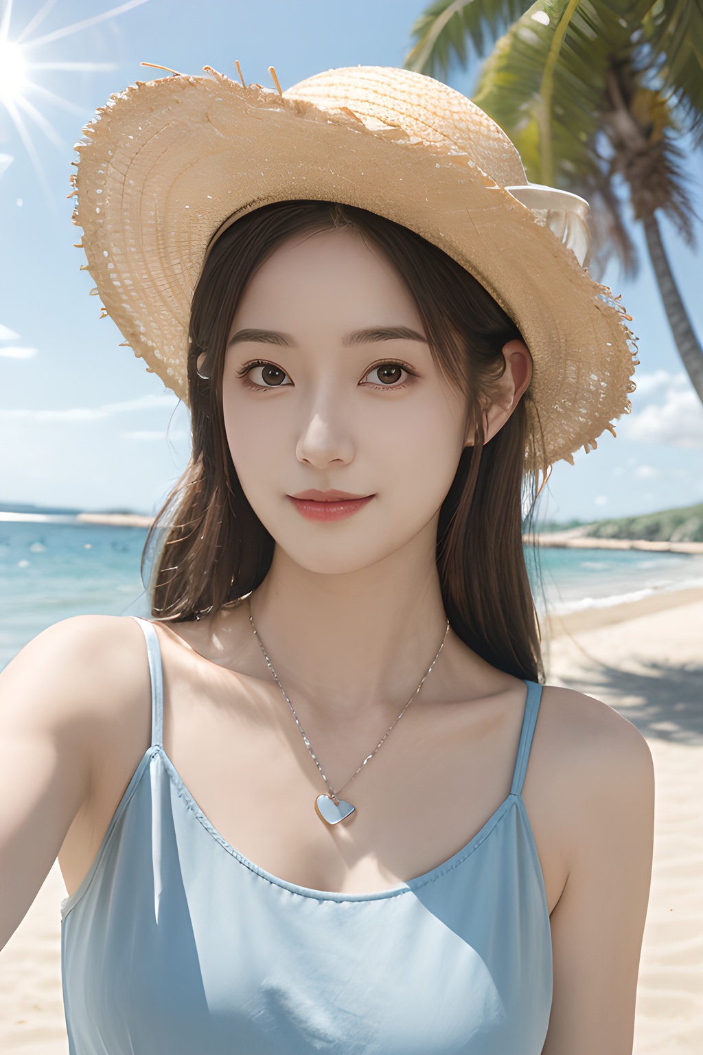 <lora:0805_04:0.7>, <lora:SDXLrender_v2.0:0.8>,mugglelight, araffe girl with long hair wearing a straw hat and blue dress, 1girl, solo, hat, straw hat, long hair, looking at viewer, necklace, jewelry, heart necklace, smile, heart, brown hair, bangs, day, beach, outdoors, upper body, black hair, sunlight, closed mouth, swimsuit, selfie, sky, ocean,, 1girl,realistic,masterpiece, best quality, photorealistic, HDR,detail
