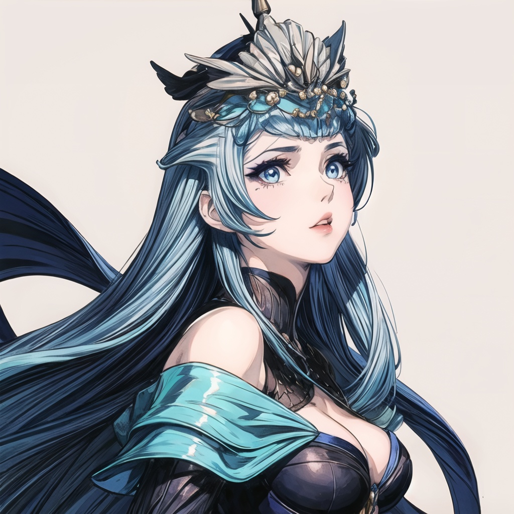 masterpiece,best quality,illustration,anime,simple gray background,1girl,solo,blue eyes,long hair,blue hair,lips,tiara,parted lips,breasts,dress,bare shoulders,armor,crown,<lora:add_detail:1>,<lora:_20240307205553:0.7>,