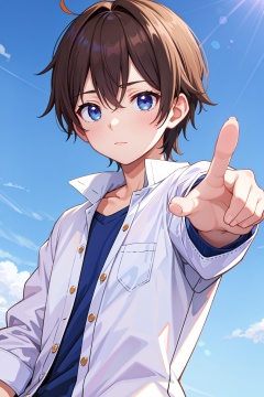 (best quality:1.4), ultra detailed, handsum boy, casual, reaching hand, looking at viewer, bluesky background