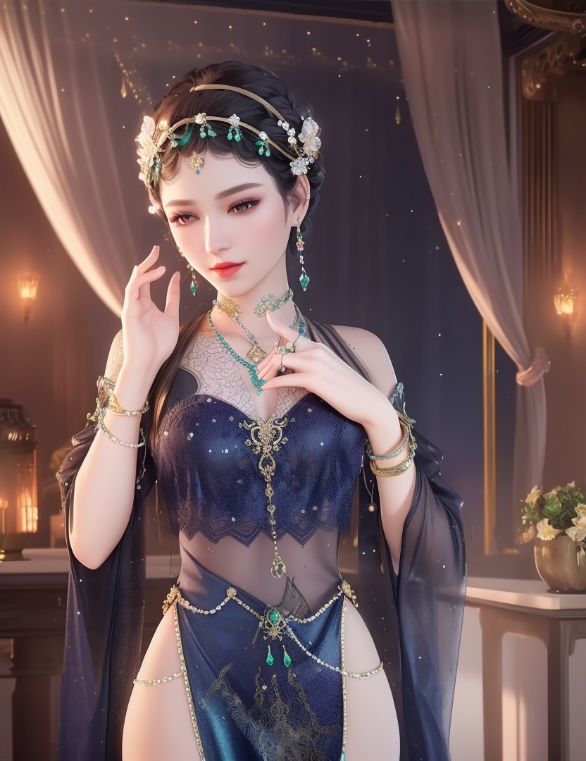 ultra realistic 8k cg, picture-perfect face, flawless, clean, masterpiece, professional artwork, famous artwork, cinematic lighting, cinematic bloom, perfect face, beautiful face, fantasy, dreamlike, unreal, science fiction,  beautiful clothes, lace, lace trim, lace-trimmed legwear,  (rich:1.4), prestige, luxury, jewelry, diamond, gold, pearl, gem, sapphire, ruby, emerald, intricate detail, delicate pattern, charming, alluring, seductive, erotic, enchanting, hair ornament, necklace, earrings, bracelet, armlet,halo((,1girl, pov,))(((,  1girl,  solo,looking at viewer, ))),(((1girl, solo, dress, jewelry)))<lora:DA_WhiteSnakeGreenSnake:0.8>