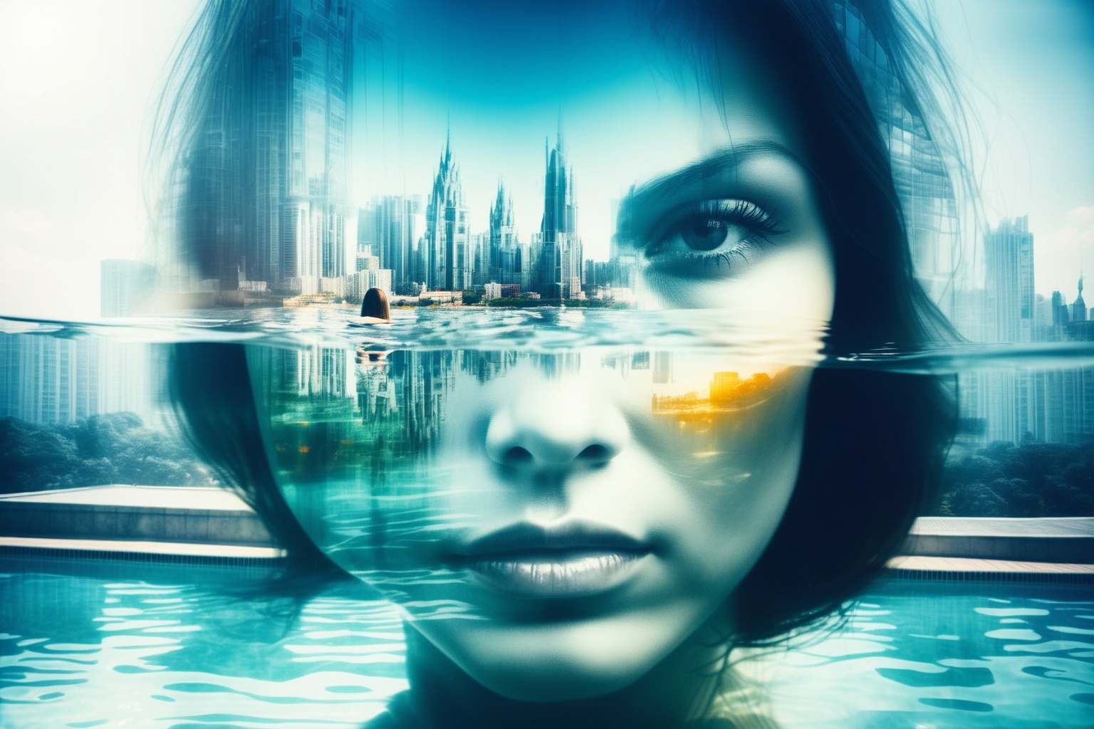 a very abstract double exposure view of a lady face,  their head contains a swimming pool,  with people swiming in the poo...