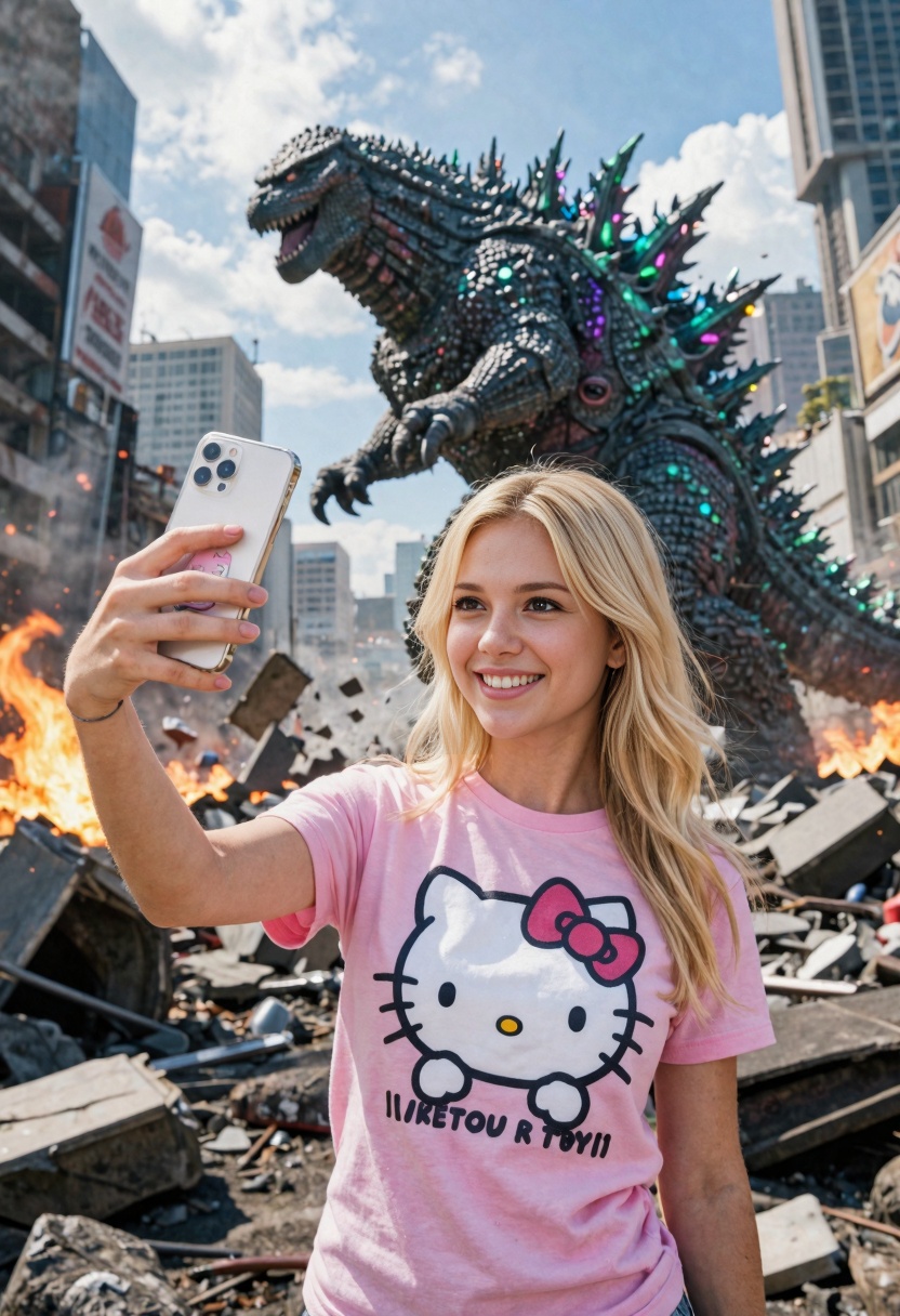 a beautiful blonde girl smiling and taking a selfie with an iphone,  dressed with a hello kitty pink t-shirt, on Tensor.Art