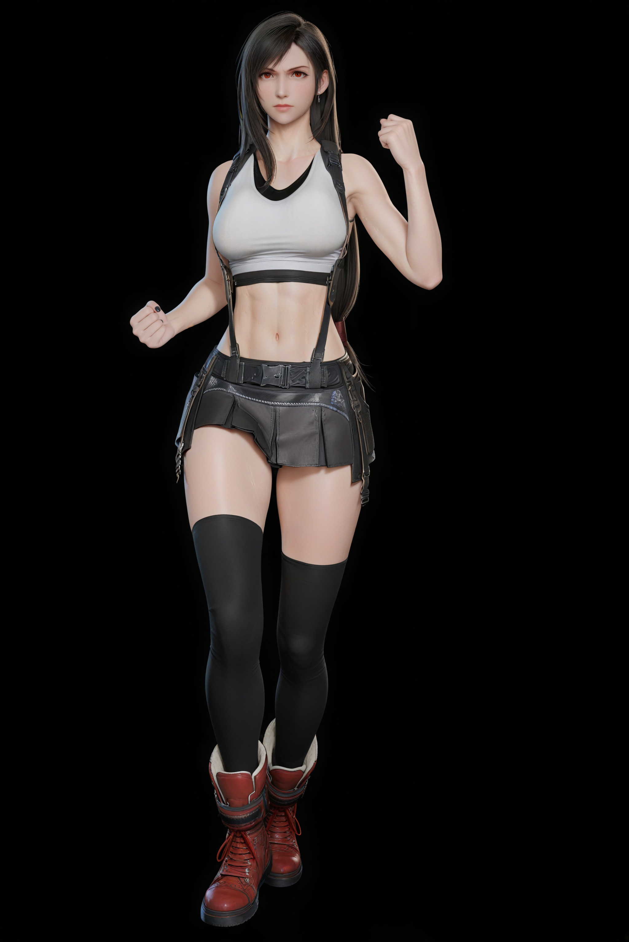 (score_9),shaded_face,jitome,collarbone,(glamor:1.1),narrow waist,<lora:Tifa_ill:0.85>,1girl,solo,tifa lockhart,long hair,black hair,amber eyes,red eyes,black undershirt,white **** top,crop top,suspenders,black skirt,suspender skirt,belt,miniskirt,combat boots,shorts,ankle_boots,thighhighs,black thighhighs,navel,groin,(mound_of_venus),toned body,athletic body,toned midriff,large breasts,black nails,(high_kick),feet_up,fighting stance,fist bump,(white_skin),(sweaty skin),(very sweaty),(pale_skin),(fair_skin),shiny wet,warm soft,high detail,soft pastel lighting,aesthetically pleasing,simple background,black background,