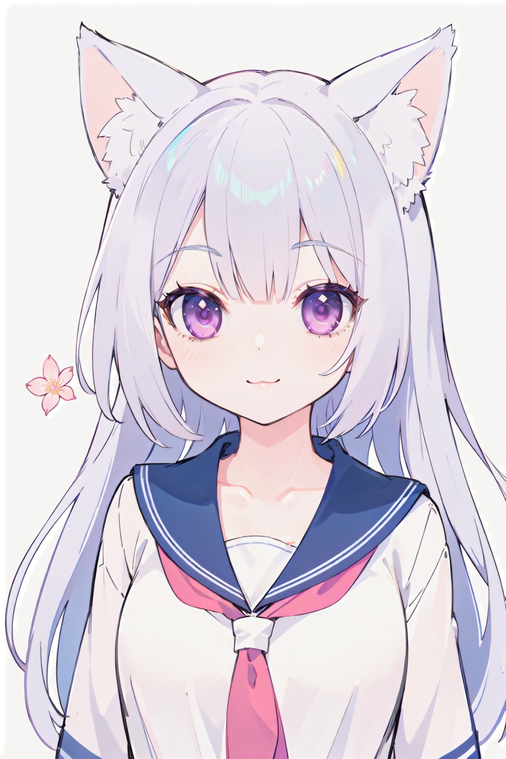 :3,closed mouth,cleavage,(white hair:1.2),cat ears,animal ear fluff,school uniform,1girl,solo,looking at viewer,flower,long hair,bangs,simple background,white background,upper body,hair intakes,purple eyes,eyelashes,best quality,smile,<lora:画师ATDAN_v0.1:0.6>,