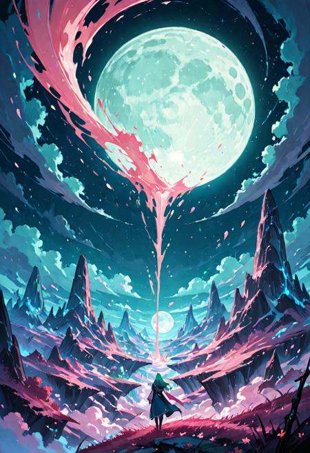 color splash, Green,Blue,pink, fantasy landscape background, night,full moon,detailifier