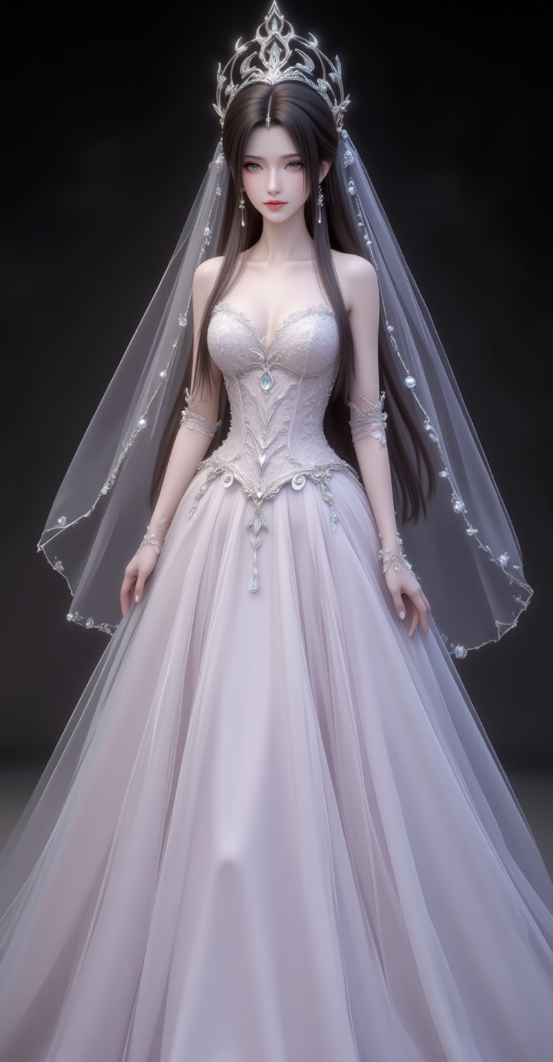 <lora:晚礼服2·人物百搭款5:1.1>,fuzhuang,1girl,solo,dress,long hair,wedding dress,gloves,bare shoulders,elbow gloves,veil,full body,black_background,simple background,cover,gradient background,close-up details,outstanding style,adding a touch of dimension to your images without compromising details,close-up,<lora:DJ滤镜_2.5D版:0.3>,lvjing,<lora:油画唯美滤镜15:0.2>,baoshi,<lora:清漪·衣服百搭款·6:1.1>,qingyi,black hair,long hair,jewelry,earrings,hair_ornament,grey eyes,crown,(large breasts:1.2),