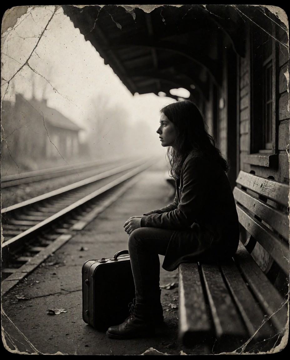 analog_feel,  a forgotten memory of departure,  a young woman sitting on a worn wooden bench at an old train station on Te...