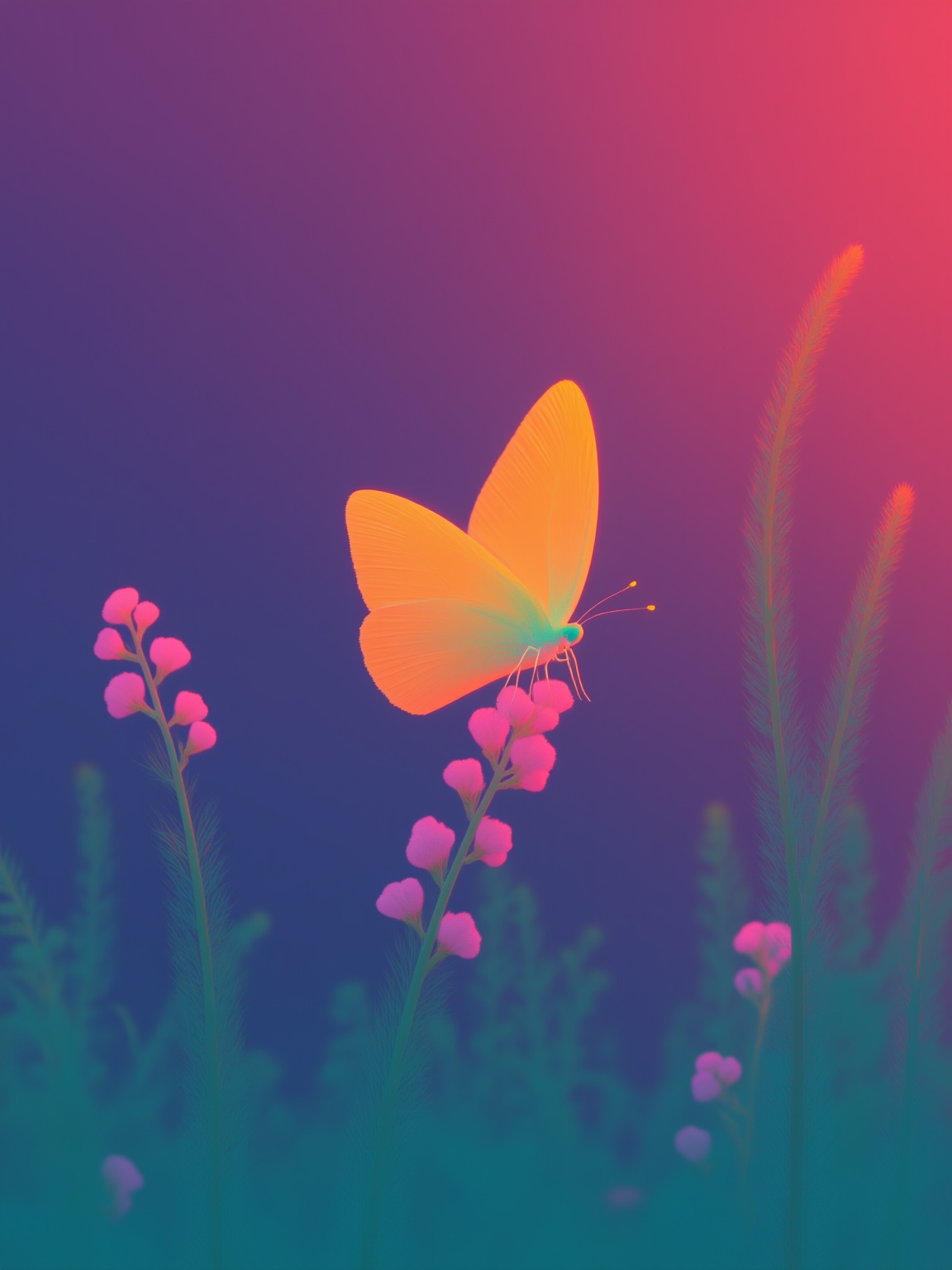 <lora:c10:0.8>,cartoon,vibrant neon butterfly, perched flower, purple pink gradient, dreamy surreal atmosphere, bright fluorescent colors, otherworldly scene