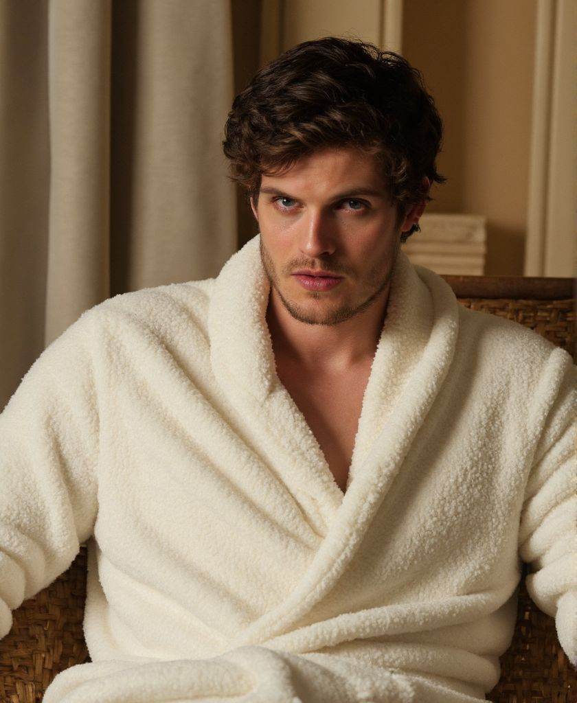 danielsharman ,  high-resolutiuon photograph,  wearing fitted fluffy white bathrobe. He is sitting on a chair in the spa a...