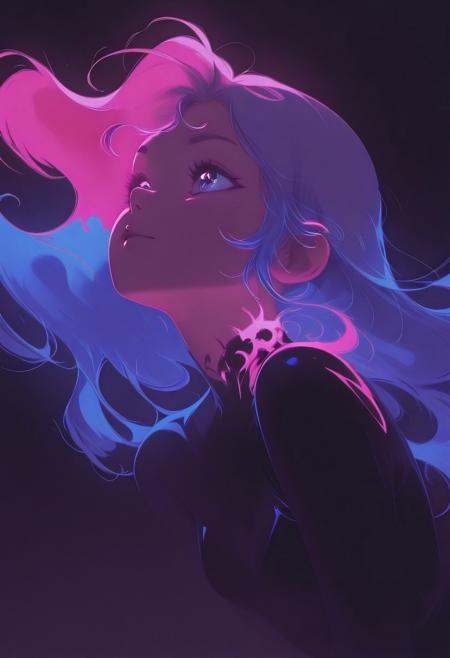 silhouette character, black ink, neon colors, colors splash effect, flowing hair, Masterpiece, clean lines, sharp, focused subject, minimalistic composition, side view, upper body view. blue and pink neon lights, black background, futuristic, Bloodrayne, dynamic motion, dynamic angle, vibrant colour