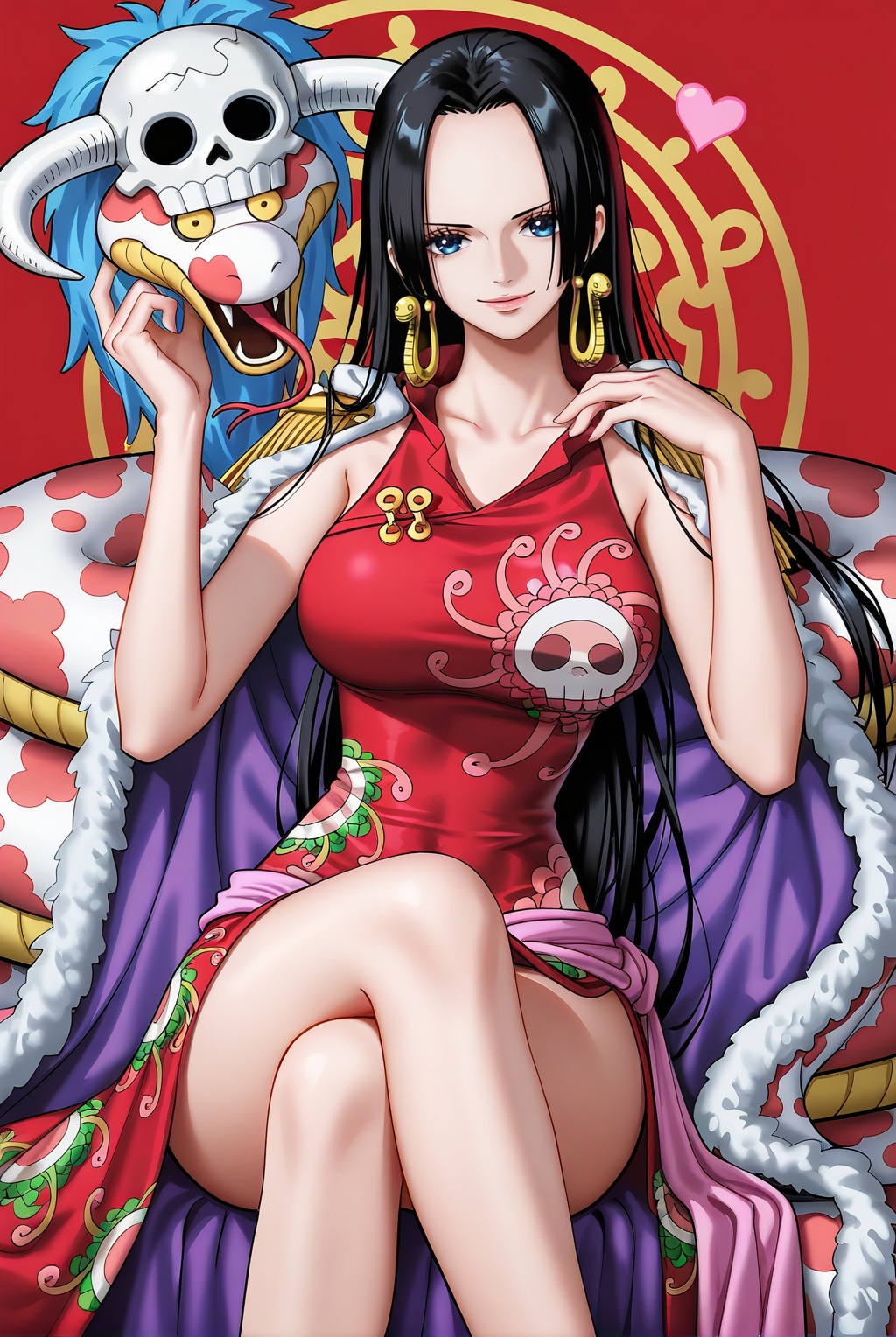 8k,best quality,masterpiece,(ultra-detailed),(high detailed skin),[artist:wlop],[artist:ningen_mame],artist:ciloranko,[[artist:rhasta]],artist:tidsean,looking at viewer,<lora:女帝ILL:0.6>,nvdi,black hair,1girl,long hair,jewelry,earrings,blue eyes,boa hancock one piece,boa hancock,<lora:立绘构图ILL:0.2>,lihui,1girl,long hair,black hair,dress,earrings,jewelry,breasts,crossed legs,sitting,snake,large breasts,skull,heart,looking at viewer,sleeveless,smile,very long hair,sleeveless dress,chinese clothes,