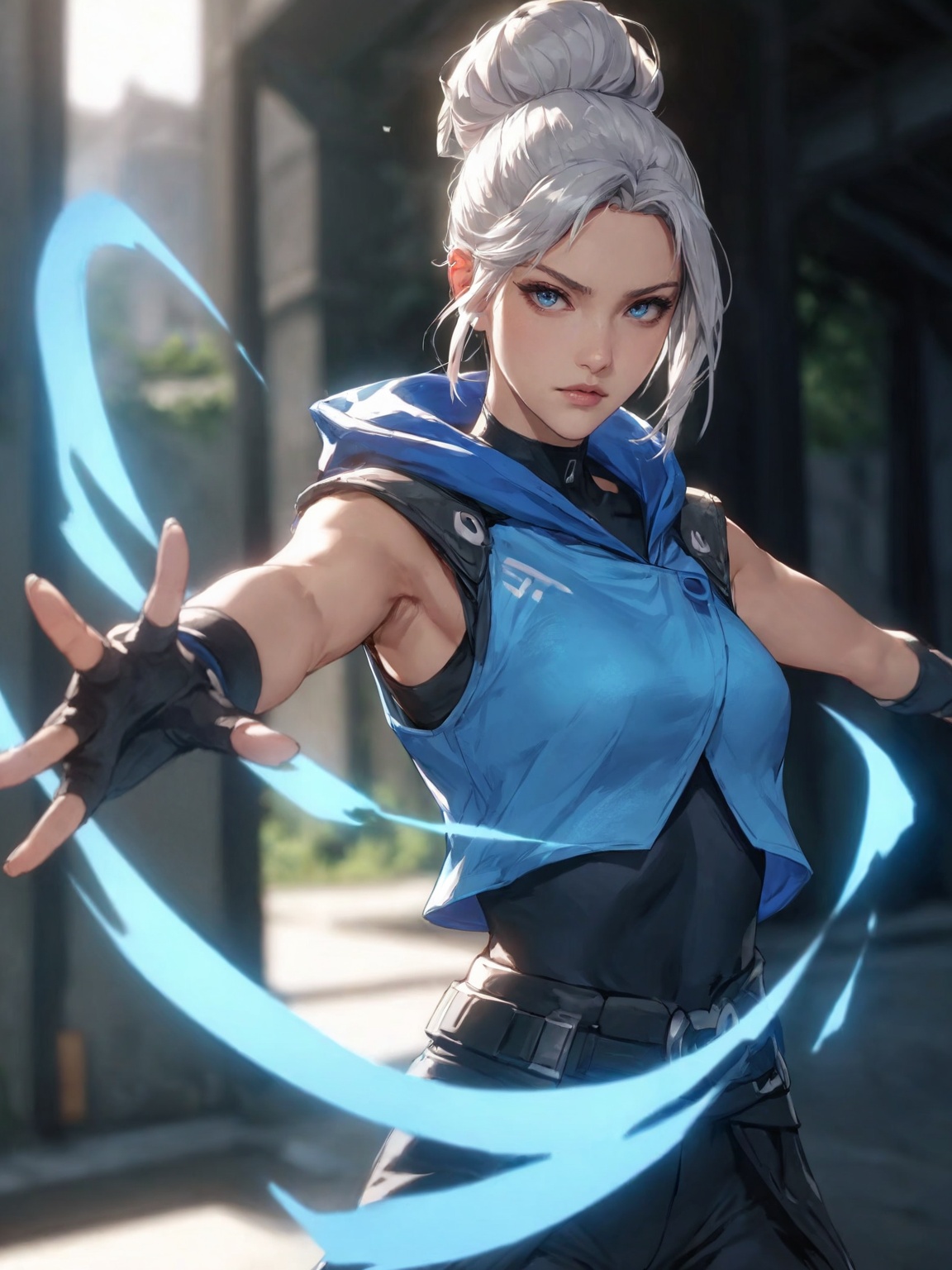 Jett,1girl,sleeveless jacket,solo,blue eyes,blue jacket,animification,fingerless gloves,gloves,jacket,cropped jacket,This is a digital anime-style drawing of a fierce female warrior with silver hair in a high bun,wearing a sleeveless blue and black top. She has a determined expression,with electric blue energy swirling around her outstretched hands. The background is blurred,featuring indistinct structures and trees. The depth of field focuses sharply on the character. There is no watermark present.,looking_at_viewer,real,ray tracing,ultra sharp,ultra high resolution,(masterpiece),(best quality),super detailed,extremely delicate and beautiful,exquisite facial features,super delicate face,cinematic light,detailed environment,ultra realistic details,facing camera,finely detailed features,cinematic lighting effects,photoreal,32k uhd,cinematic lighting effects,
