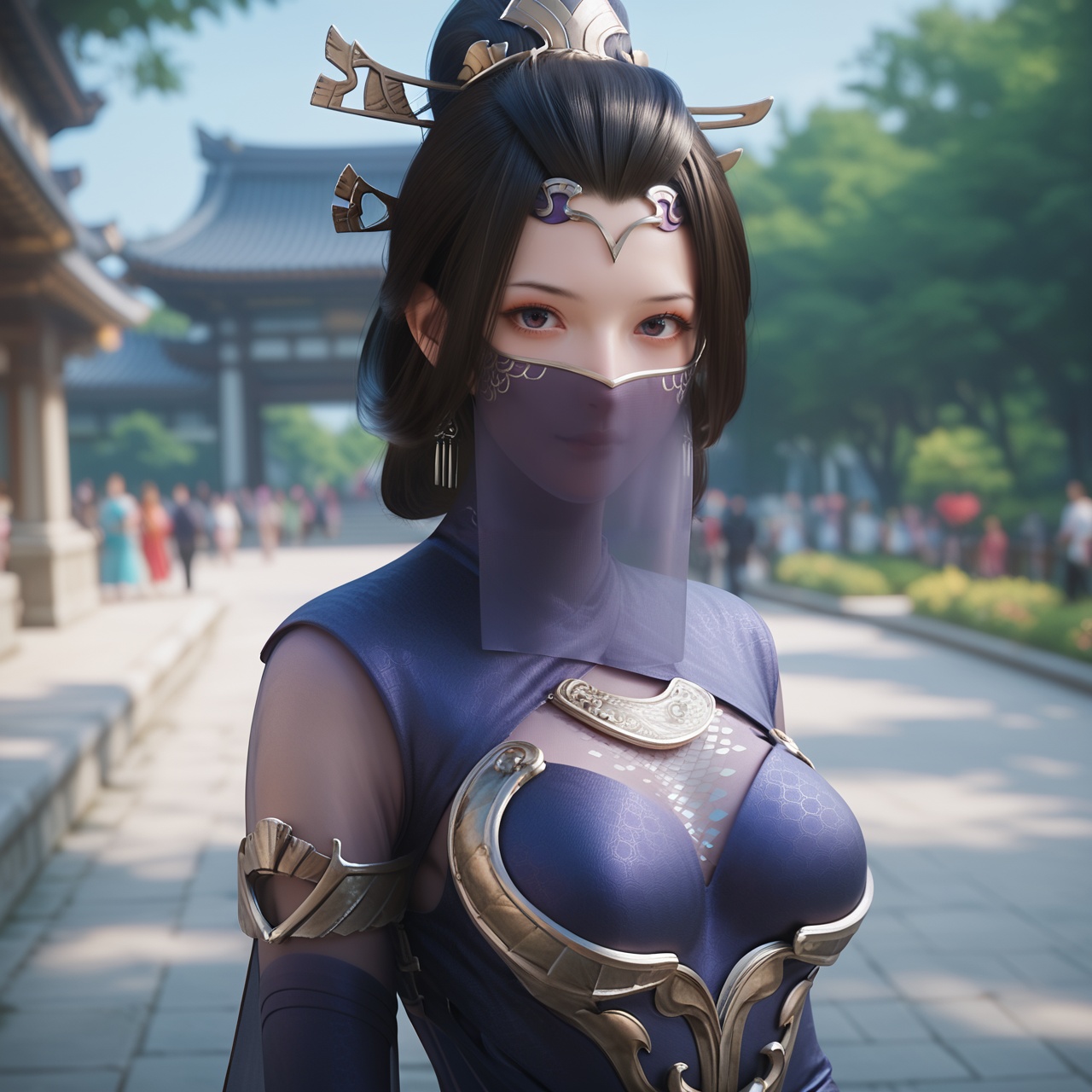 score_9,score_8_up,score_7_up,score_6_up,best quality,detailed clothes,masterpiece,8k,simple background,sfw,rim light,perfect hands,depth of field,<lora:幽姬-诛仙-Pony:0.8>,youji,1girl,solo,dress,hair ornament,mouth veil,sash,makeup,hand on hair,silver trim,eyeshadow,looking at viewer,outdoors,