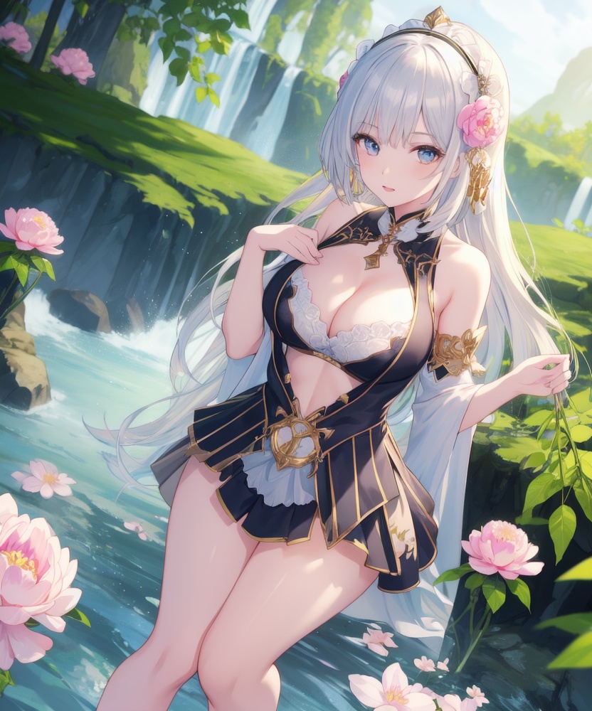 (,1girl, ,best quality, ),looking at viewer, <lora:457-DA-天启姬:0.8> ,,ultra detailed background,ultra detailed background,ultra realistic 8k cg, , ,masterpiece, (( , )),,, ultra realistic 8k cg, ,      ,peony \(flower\),   waterfall,    (cleavage), (),
