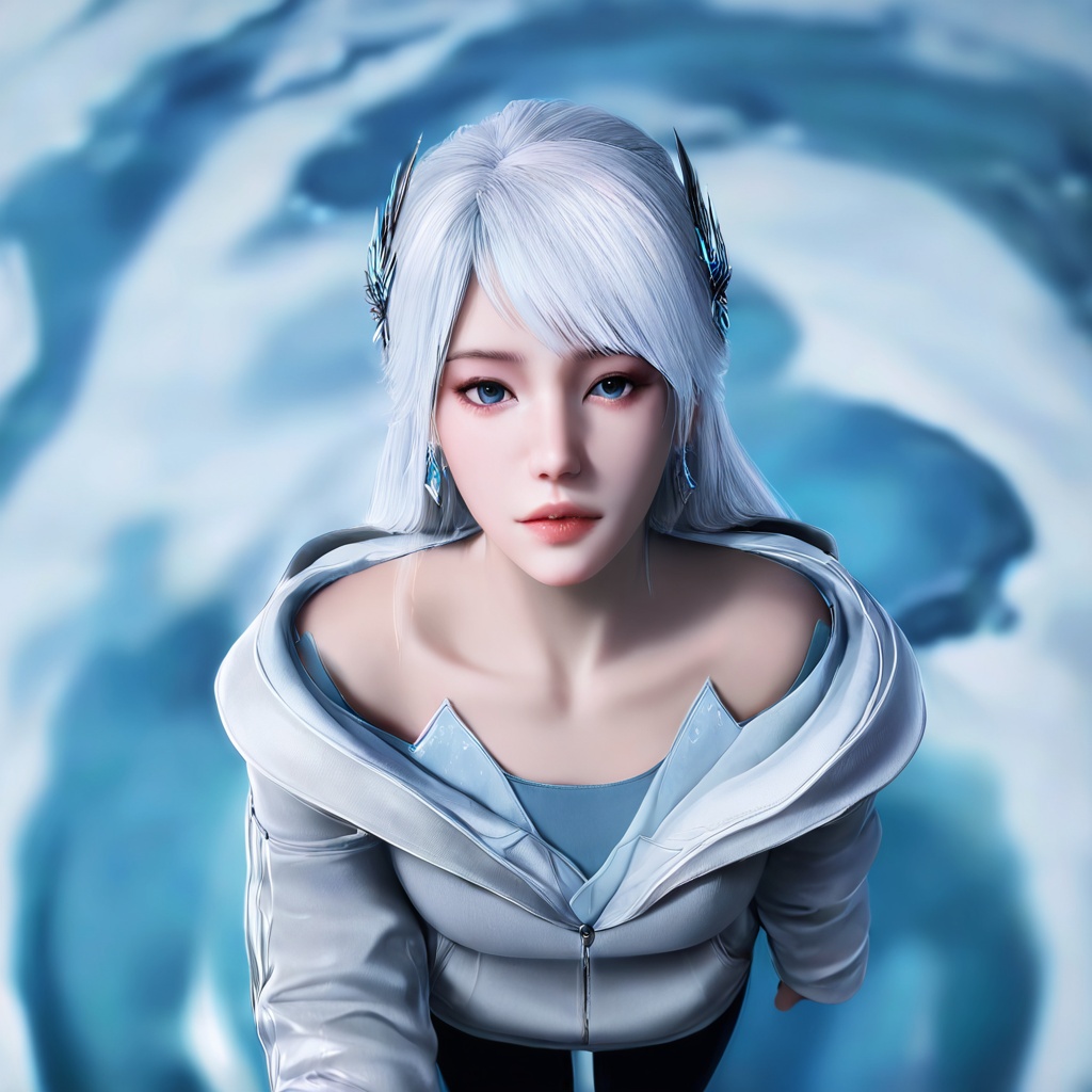 masterpiece,best quality,cinematic,(ultra-detailed),perfect composition,(realistic:2),intricate details,absurdres,detailed face,high quality,high res,8K,1girl,solo,hair ornament,long hair,cowboy_shot,hoodie,jewelry,earrings,white hair,bare shoulders,looking at viewer,parted lips,leggings,