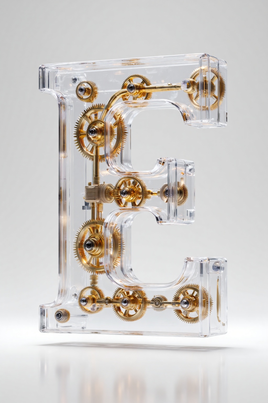 beijihui,3D icon design of letter 'E',**** of transparent high-polymer shell encasing gleaming golden micro-gear mechanisms with visible hydro-cylinders and polished bearings,hyperrealistic,hyperdetail,front view,studio lighting,100mm lens,white solid background,