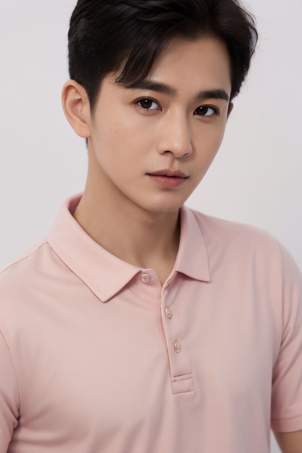 1 boy,handsome male,upper body portrait,white background,,QiaoZY20240815002,upper body,(pink shirt),<lora:QiaoZY_20240815112510:0.5>
