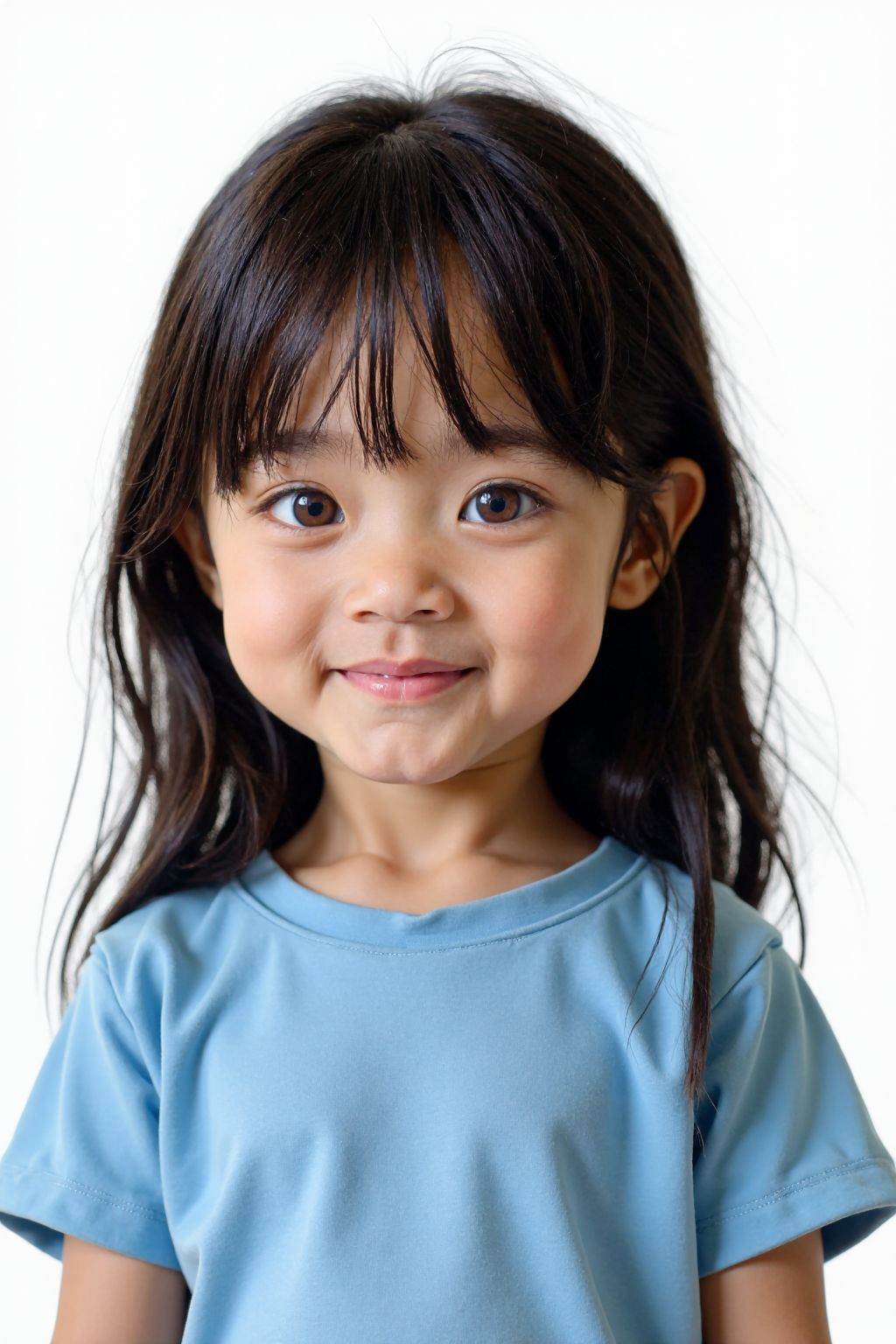 film grain, 1y.o. baby, solo, realistic, black hair, looking at viewer, blue t-shirt, long hair, smile, brown eyes, closed mouth, photorealistic, upper body, white background, simple background,