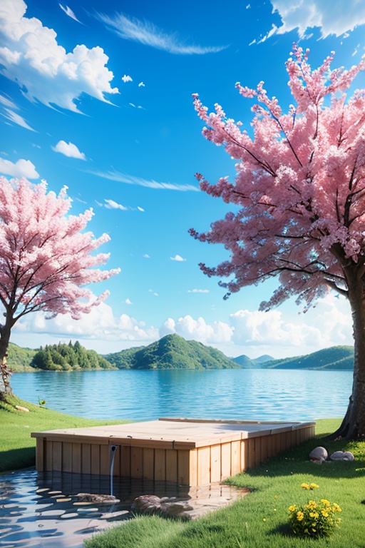 amazing, \(best quality:1.2\), Best quality, still life , 3d scene, flower, outdoors, sky, day, cloud, water, tree, blue sky, no humans, scenery, lake