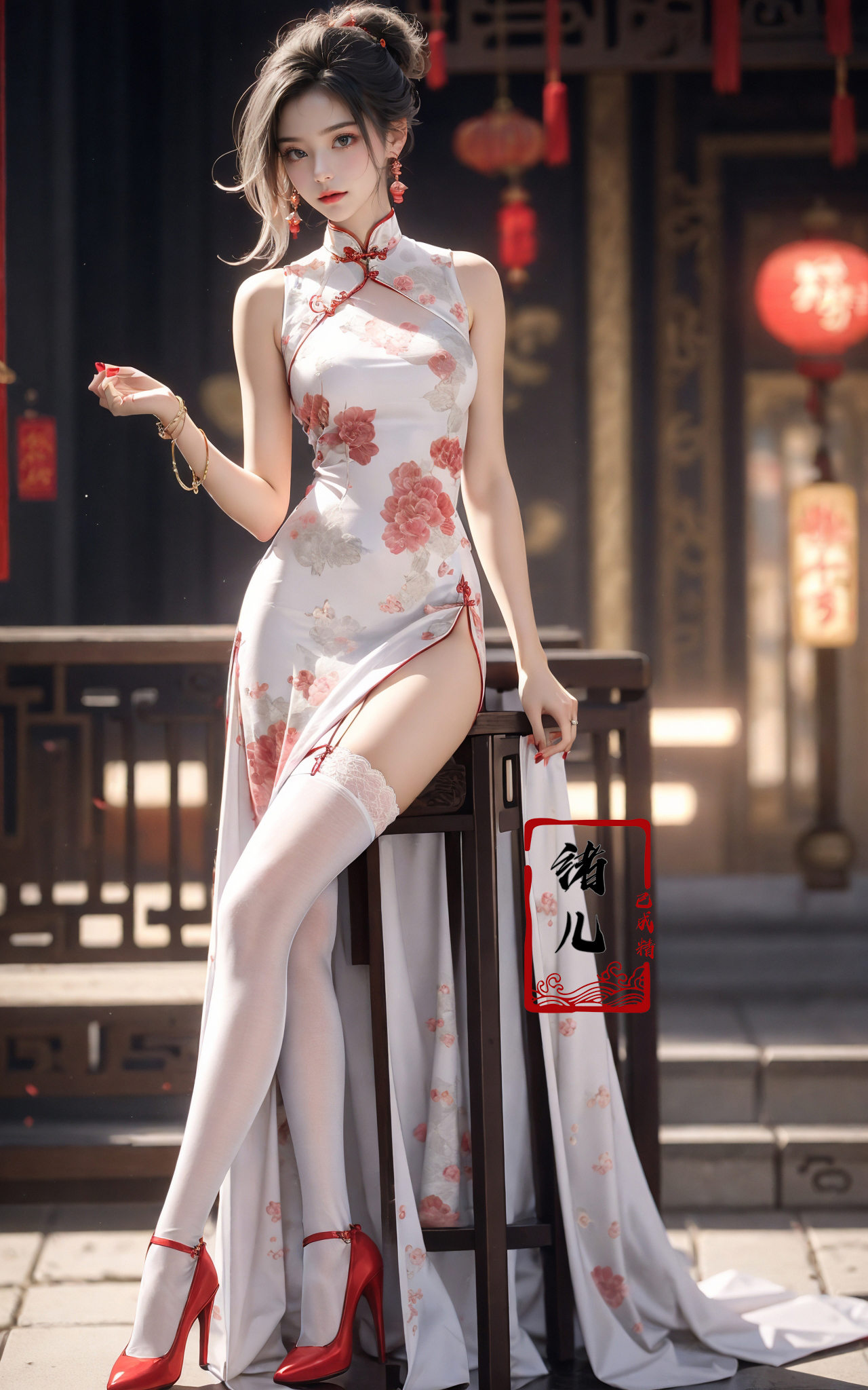 Black background,  Fashion cheongsam,  nail polish on Tensor.Art