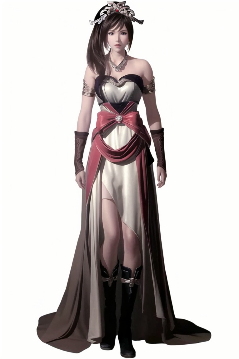 ((HRD, HUD, 8K)),((masterpiece, best quality)), highly detailed, soft light,1girl, solo, black hair, long hair, ponytail, hair ornament, tiara, black eyes, brown eyes, lips,jewelry, earrings,  dress, bare shoulders, armlet, boots, simple background, white background, full body, long legs, standing, looking at viewer,  <lora:20240430-1714439888539:0.72>