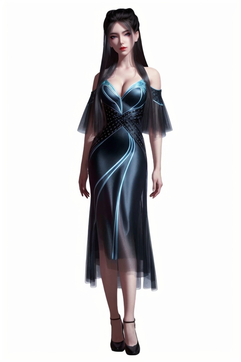 ((HRD, HUD, 8K)),((masterpiece, best quality)), highly detailed,1girl, solo, black hair, long hair, lips, red lips, makeup,breasts, cleavage, bare shoulders, dress, blue dress, high heels,simple background, white background, full body, long legs, standing, looking at viewer, <lora:20240518-1715992227646:0.73>