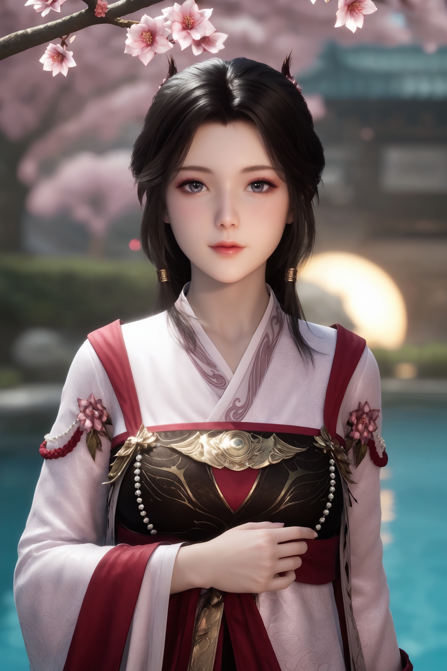 score_9,high detail,best quality,cinematic lighting,volumetric lighting,shiny skin,shiny,looking_at_viewer,close-up,BREAKfair_skin,white_skin,shiny_skin,Ivory_skin,(looking at viewer:1.1),(cinematic lighting:0.9),(volumetric lighting:0.9),solo focus,large_breasts,(perfect_face:1.2),(perfect_anatomy:1.1),Tranquil garden pond surrounded by cherry blossoms,Vibrant cherry blossom park in full bloom,day,suneate,<lora:牧神记-灵毓秀Pony:0.7>,long,black hair,loose braid,hairpins,traditional Chinese attire, specifically a white and red qipao with intricate embroidery and a golden belt.,long sleeves,