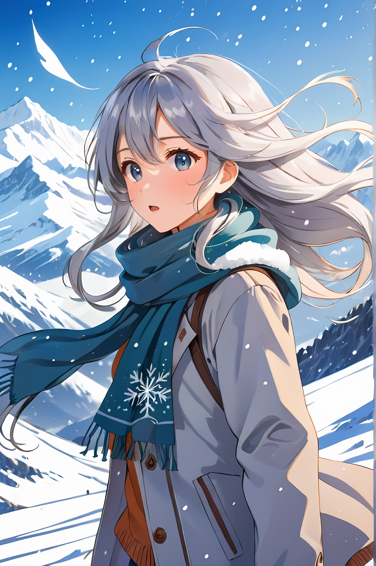 anime style of a girl, scarf, long silver flowing hair blowing in the wind, snow mountains in the far background, it's snowing