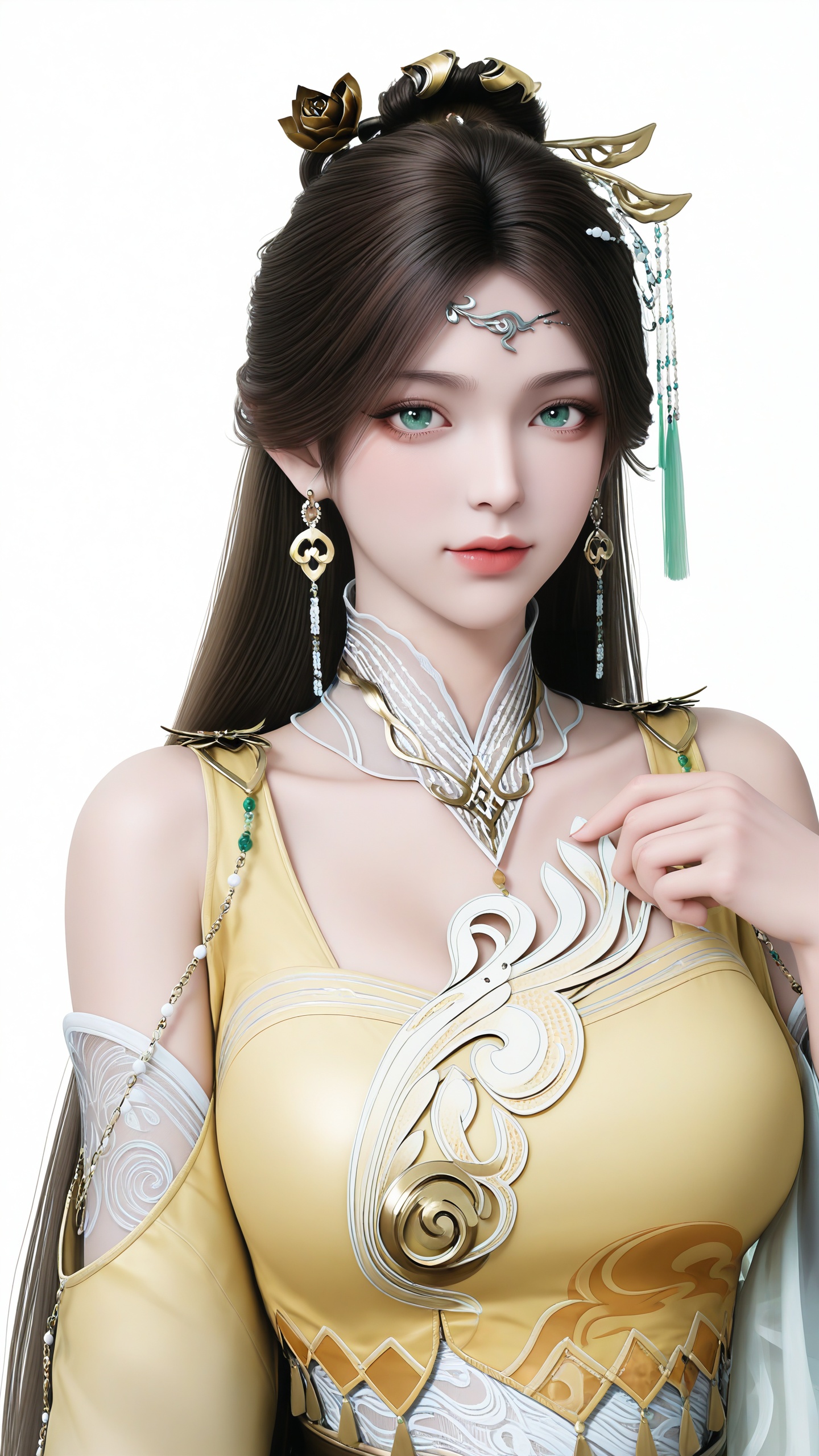 <lora:Janus-金瓶儿-诛仙3-让AI更性感ILV2:0.8>,Janus,1girl,solo,long hair,brown hair,yellow dress,hair ornament,green eyes,jewelry,earrings,bare shoulders,forehead mark,white_background,simple background,front view,looking_at_viewer,, realistic, masterpiece, best quality, absurdres, highres, amazing quality, very aesthetic, newest, absurdres, highres, highly detailed, very aesthetic,