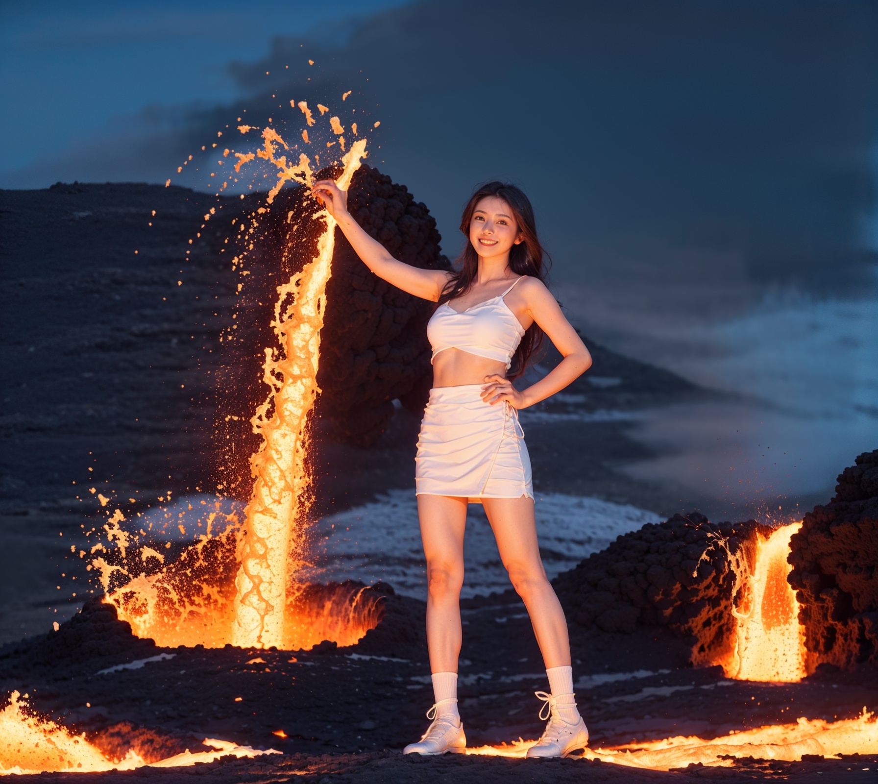Master piece,highly detailed,best quality,high resolution,volcano, (lava\(glowing, splash,high in the air, surrounding 1girl\):1.2),realistic,full shot,foreground\(full of lava, no volcanics, no black stone\),(1boy\(full body, standing on Lava, surrounded by Lava,white long hair, white short skirt, low cut, white chest wrap, white stockings, facing viewer, looking at viewer, smile\):1.2),front view,medium_shot,