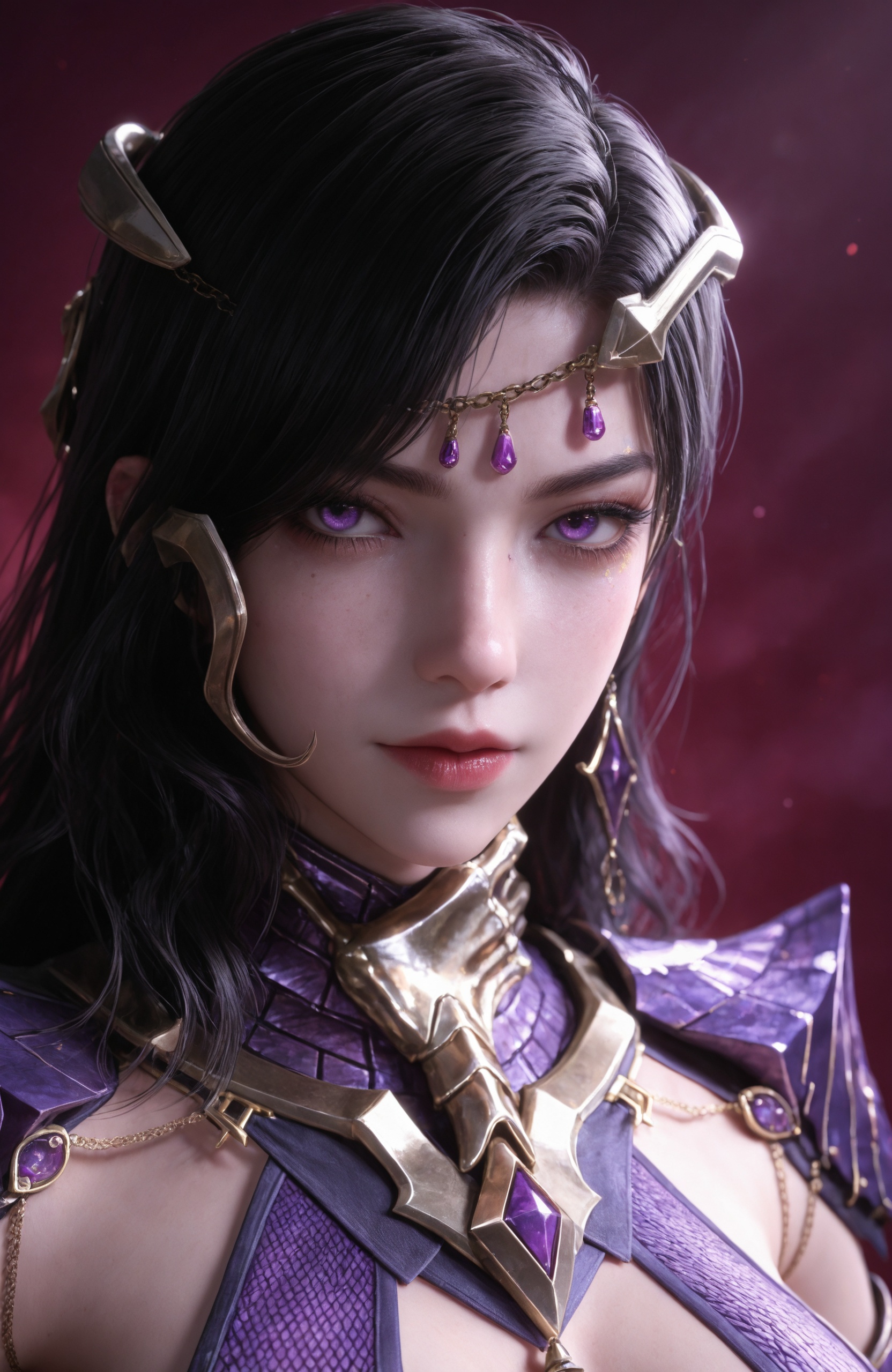 <lora:逆战未来-精绝女王IL:0.7> 1girl, long hair, black hair, purple eyes, armor, shoulder armor, dress,revealing clothes,, Close-up details,realistic style photo outstanding style,Use soft lighting to cast gentle shadows on the subject,adding a touch of dimension to your images without compromising details,score_9,score_8_up,score_7_up,looking at viewer,