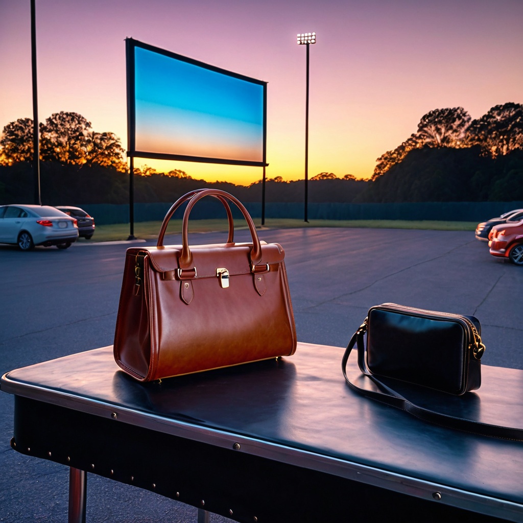 scenedrivemovie,  a leather handbag,  drive-in movie lot table on Tensor.Art