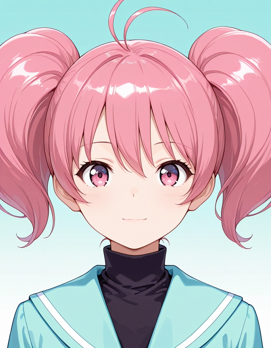 masterpiece, best quality, amazing quality, gradient background,1girl, looking at viewer, solo, upper body, portrait, straight-on, light smile, <lora:megumi_minami-tantei_gakuen_q_s1-v2-ixl-anime-soralz:1>, megumi minami (tantei gakuen q), short hair, twintails, antenna hair, pink hair, hair between eyes, pink eyes,school uniform, aqua serafuku, black turtleneck, aqua sailor collar