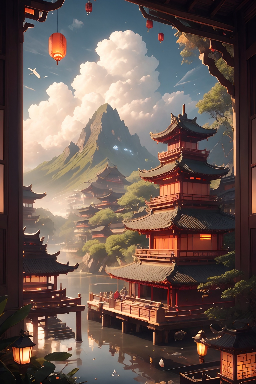 scenery, lantern, cloud, architecture,  east asian architecture, outdoors, sky, watercraft, bird, boat, facing away, water, day, pagoda, sitting, building,mountain, cloudy sky, <lora:house:0.7>