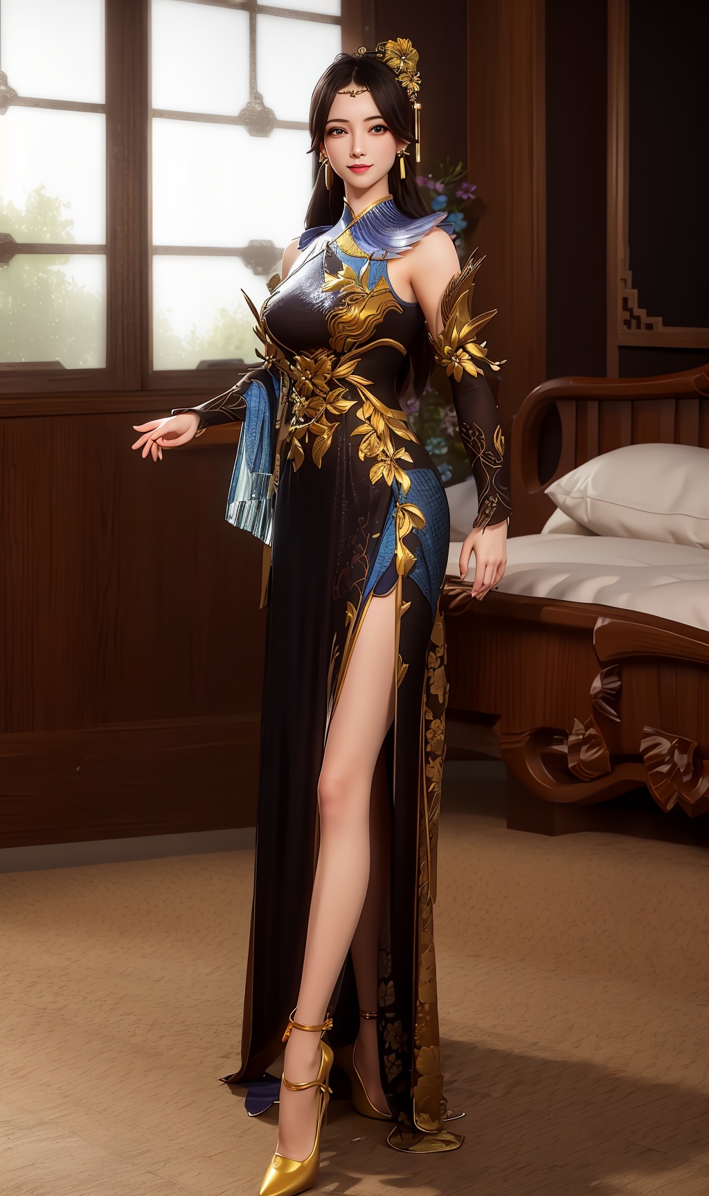 masterpiece,(best quality),3d,official art, extremely detailed cg 8k wallpaper,((crystalstexture skin)), (extremely delicate and beautiful),highly detailed,1girl,solo,long hair,headwear,(standing),(black_hair),((dress,skirt)),, (chinese_clothes),((full_body,whole_body)),sweet smile, (medium breasts),((hair_ornament)),(sunshine, indoor,(bed)),((looking_at_viewer)),((Facing the camera)),(golden_high_heels),(shoes),, <lora:hipoly3DModelLora_v10:0.3>