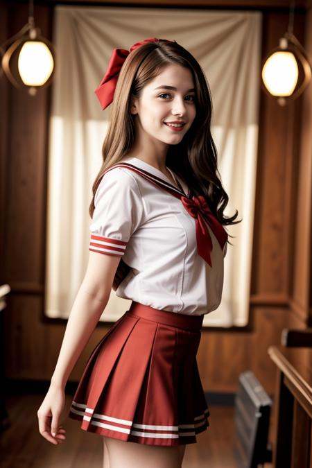 ((1 girl, 22 y.o, Masterpiece, best quality, cinematic lighting, 8k, full body shot, long hair, hourglass body)), (smile:0.85), (realistic background:1.2)<lora:SF_School_Dress_By_Stable_Yogi:0.8>red school uniform, bowtie, sailor collar, pleated skirt
