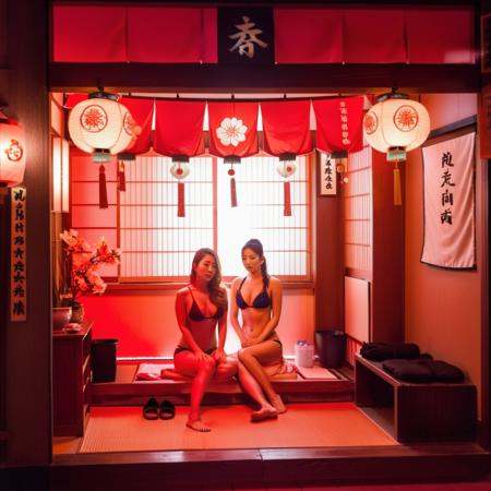 a sexy woman couple of people sitting on a bench in a room. ,  Red lights,  Japanese traditional architecture on Tensor.Art