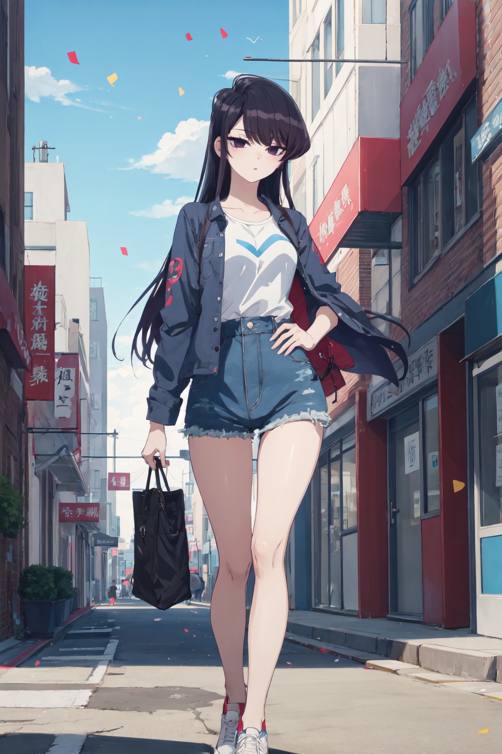 <lora:Shouko-000010:0.8>,Shouko CYQL,1girl,solo,looking at viewer,long hair,black hair,black eyes,(Denim_jacket:1.4),(High-waisted_shorts:1.3),(Sneakers:1.2),(City_street_background:1.4),shy,cowboy_shot,Street cultural festival, Celebrations, Music, Food, Art,(Cherry blossoms, Pagoda, Koi pond, Cherry blossom festival, Japanese tranquility, Cherry blossom petals:0.5),beautiful detailed sky,beautiful detailed glow,posing in front of a colorful and dynamic background,masterpiece,best quality,beautiful and aesthetic,contrapposto,female focus,wallpaper,