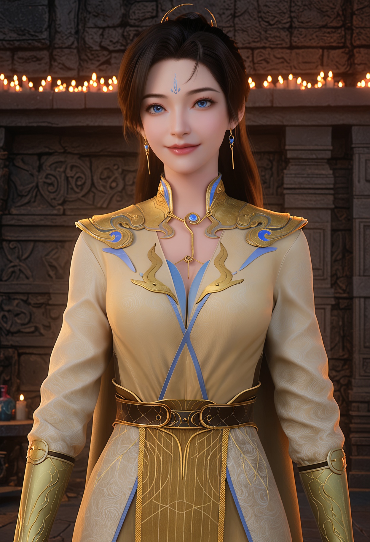 score_9,high detail,best quality,cinematic lighting,volumetric lighting,shiny skin,shiny,1girl,solo,blue eyes,earrings,jewelry,necklace,black hair,forehead mark,dress,breasts,belt,cape,realistic,long hair,hair ornament,yellow dress,lips,smile,looking at viewer,<lora:QQSponyweiweiV1:0.8>,<lora:Pony_DetailV2.0:0.8>,<lora:皮肤凹痕:0.1>,