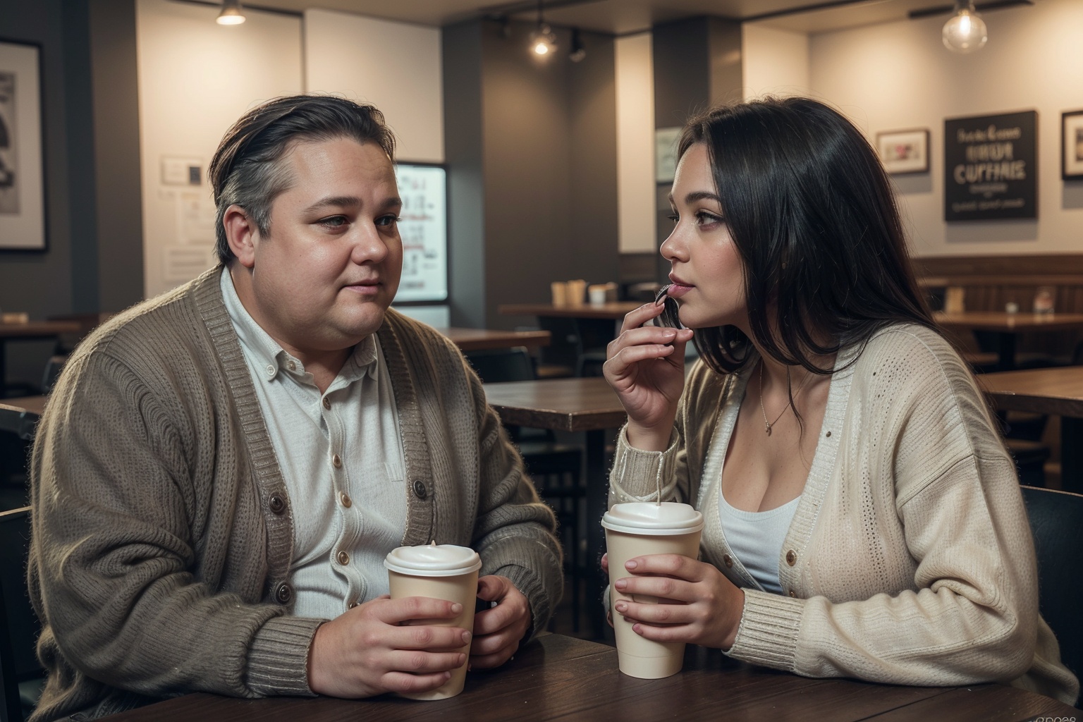 (((masterpiece))),  (((A middle-aged chubby man is wearing a cardigan sweater))),  drinking a cup of coffee and smoking **...