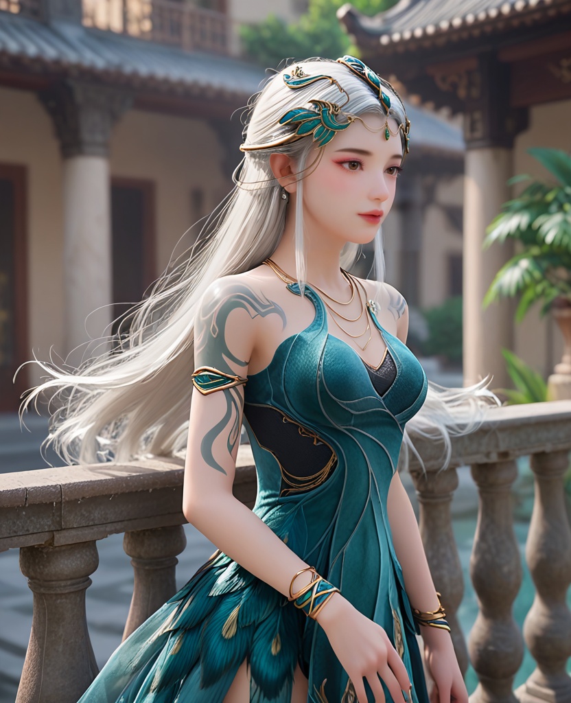 (oriental architecture, elegant decor, sophisticated style:1.1),(Leaning on a railing,:1.1),(breasts:1.2),<lora:XL遮天秦瑶:0.8>,miss qinyao,green strapless dress,armlet,arm tattoo,necklace,feather overskirt,bracelet,hair ornament,long hair,white hair,brown eyes,pink eyeshadow,moles under the eyes,medium breasts,cleavage,lips,, score_9,score_8_up,score_7_up,score_6_up,score_5_up,score_4_up,3d rendering,tag1,tag2, Cinematic Lighting,backlighting,