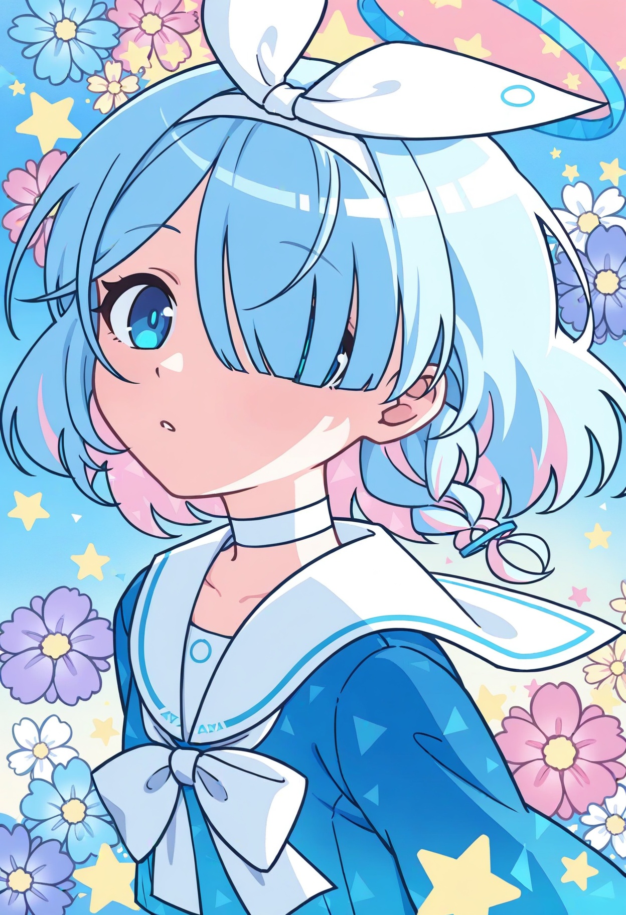 kiriaina,blue archive,arona \(blue archive\),1girl,blue eyes,blue hair,blue shirt,bow,colorful,flower,hair bow,hair over one eye,looking at viewer,sailor collar,shirt,solo,star \(symbol\),upper body,white bow,white sailor collar,