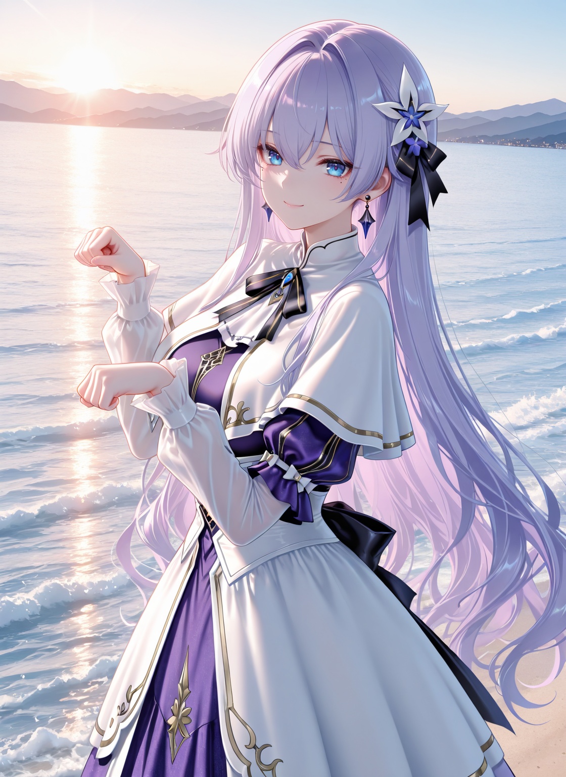 masterpiece,best quality,newest,absurdres,highres,soft shadows,year2024,mutou kurihito,(kimishima ao:0.7),(hiten \(hitenkei\):0.4),(sheya:0.4),<lora:Cantarella youngXLNAI:1>,Cantarella (\young\),1girl,light purple hair,blue eyes,hair ornament,hair between eyes,mole under eye,earrings,white capelet,puffy sleeves,long sleeves,purple dress,white dress,ocean,standing,paw pose,smile,,sunlight,mountainous horizon,