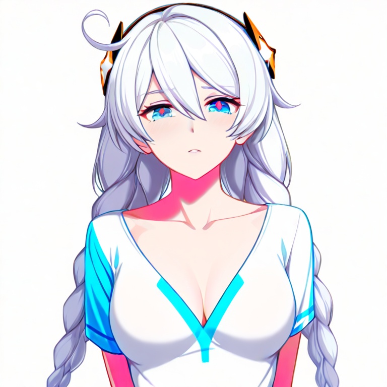 masterpiece, best quality,solo,(white background:1.2),simple background,1girl,looking at viewer,    game_cg_style, kiana kaslana,k423,ponytail,long braid,braided ponytail,symbol-shaped pupils,white hair,twin braids,braid,silver hair,hair between eyes,ahoge,bangs,long hair,blue eyes,breasts,hair ornament,eyebrows visible through hair<lora:K423-ILL:0.8>