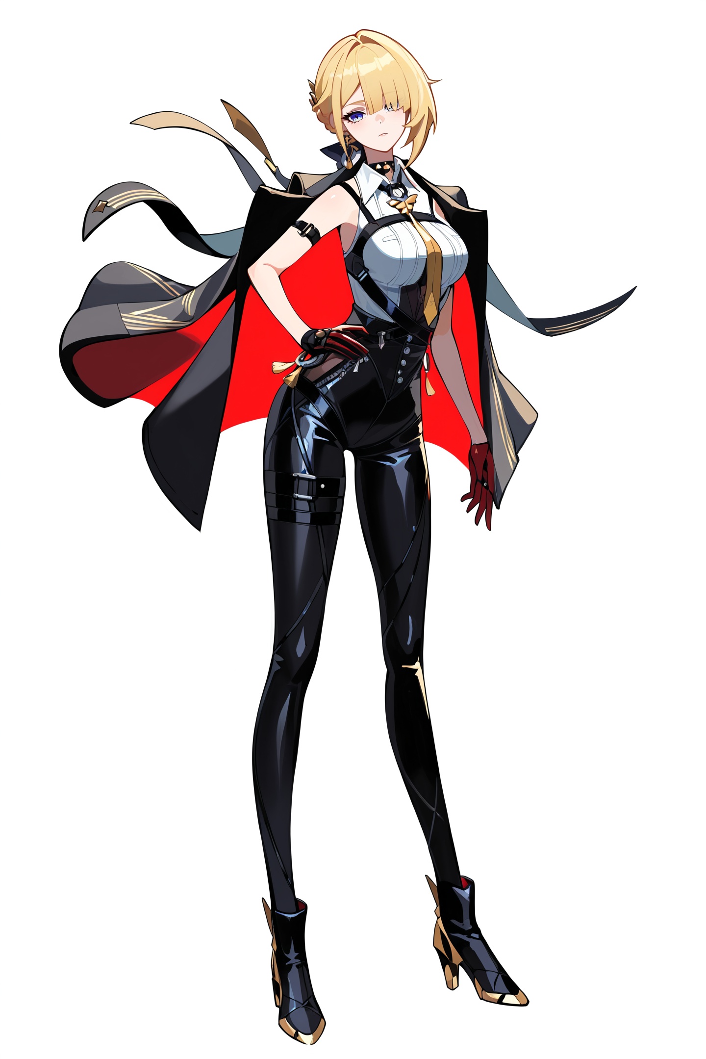 score_9,score_8_up,score_7_up,score_anime,8k,best quality,masterpiece,(ultra-detailed),(high detailed skin),(by nanoless, by misumi \(macaroni\),:0.5),<lora:YLI 0.1v:0.25>,<lora:style1:0.25>,A full-body portrait of a young girl,standing gracefully,pastel art style,high-key lighting,shoujo manga influence,hd quality,delicate details,full body,full shot,standing,looking at viewer,(solo:1.2),simple background,white background,hand on own hip,<lora:Evelyn-pony-Tanger-000019:0.8>,Evelyn \(zenless zone zero\),clothes: def Evelyn clothes,Evelyn jacket,1girl,gloves,blonde hair,necktie,short hair,black pants,black footwear,