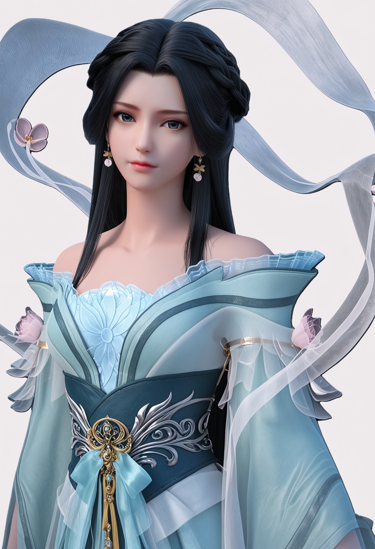 score_9,high detail,best quality,shiny skin,shiny,1girl,solo,black hair,long hair,jewelry,earrings,dress,white background,closed mouth,bare shoulders,simple background,realistic,hagoromo,braid,shawl,sash,flower,blue dress,long sleeves,looking at viewer,upper body,<lora:QQSponyjiangliV1:0.8>,<lora:Pony_DetailV2.0:0.8>,<lora:皮肤凹痕:0.1>,