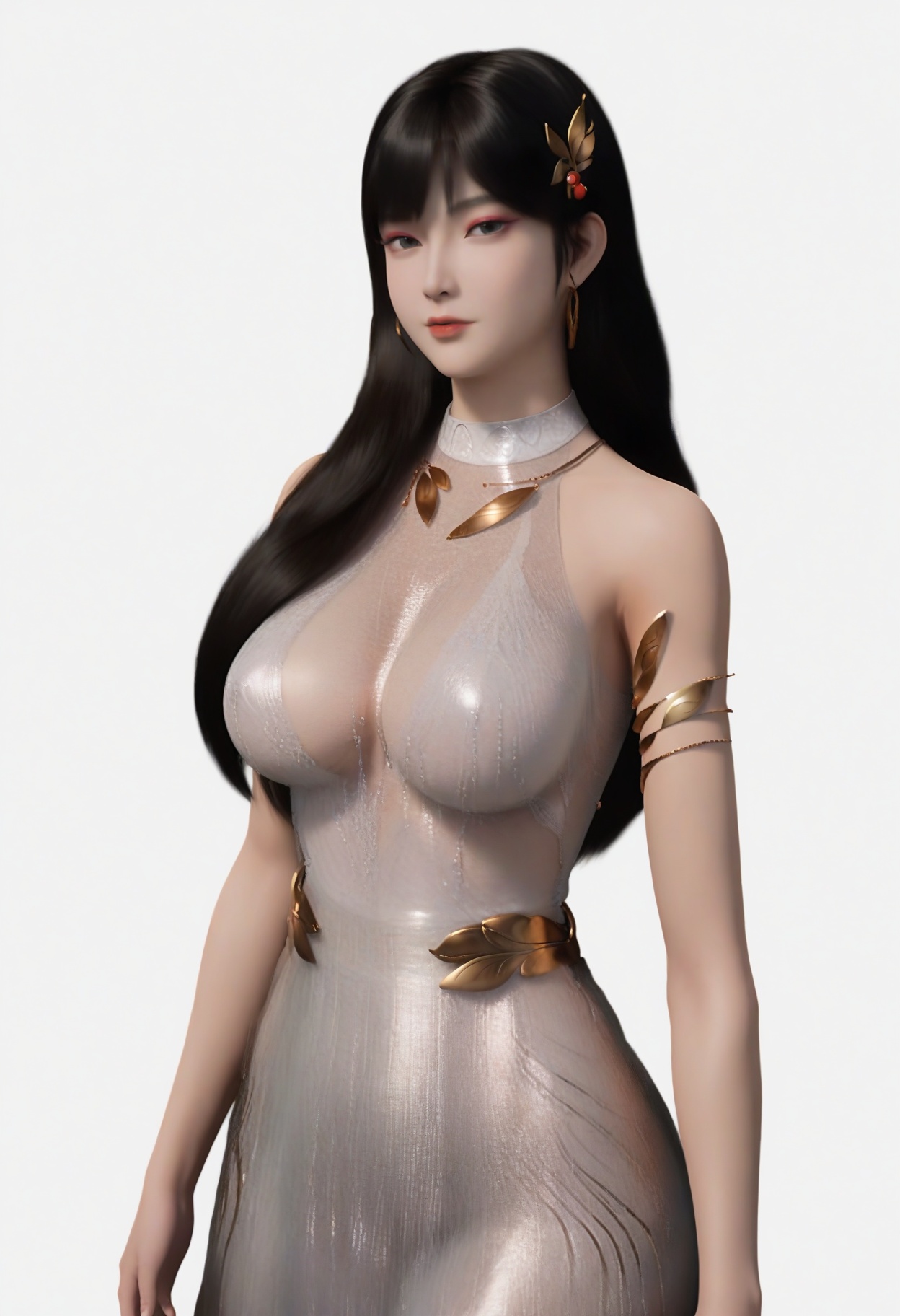 score_9,<lora:SF_LiXiaoMan_Pony_ReaLism2.3-000003:0.7>,hair ornament,long hair,dress,1girl,breasts,large breasts,bangs,solo,eyeshadow,lips,black hair,armlet,bare shoulders,skirt,looking at viewer,white background,simple background,